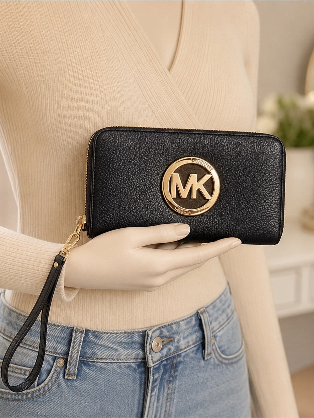 Michael Kors Black Zip Around Wallet Wristlet Gold Logo